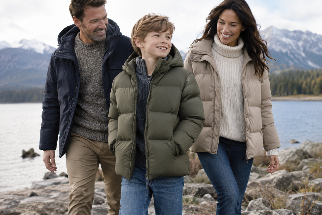 Boy wearing a warm green puffer jacket outdoors with his family
