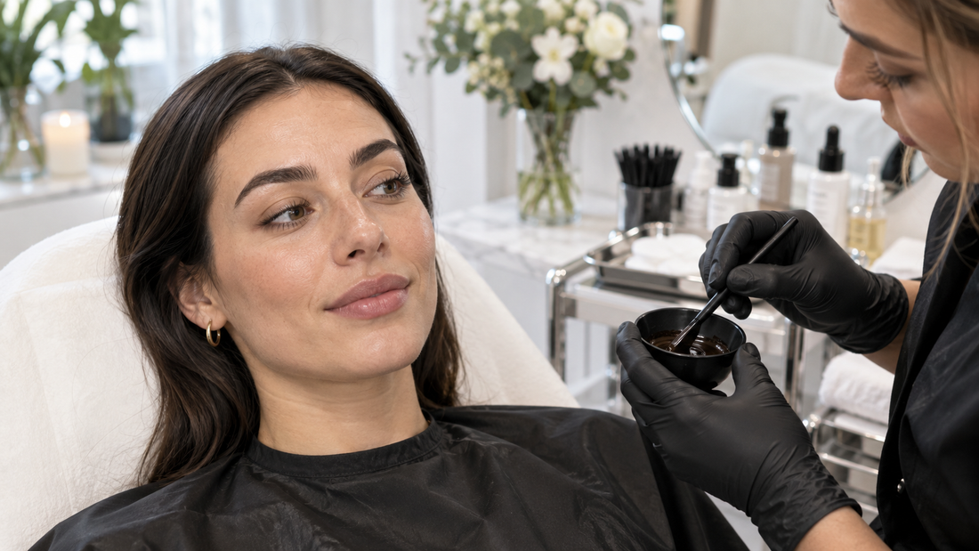 Woman receiving a professional brow tint consultation in a clean salon