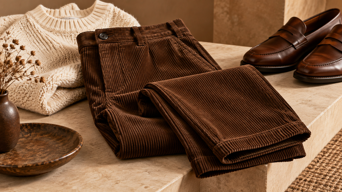 Brown corduroy pants styled with a cream knit and leather loafers