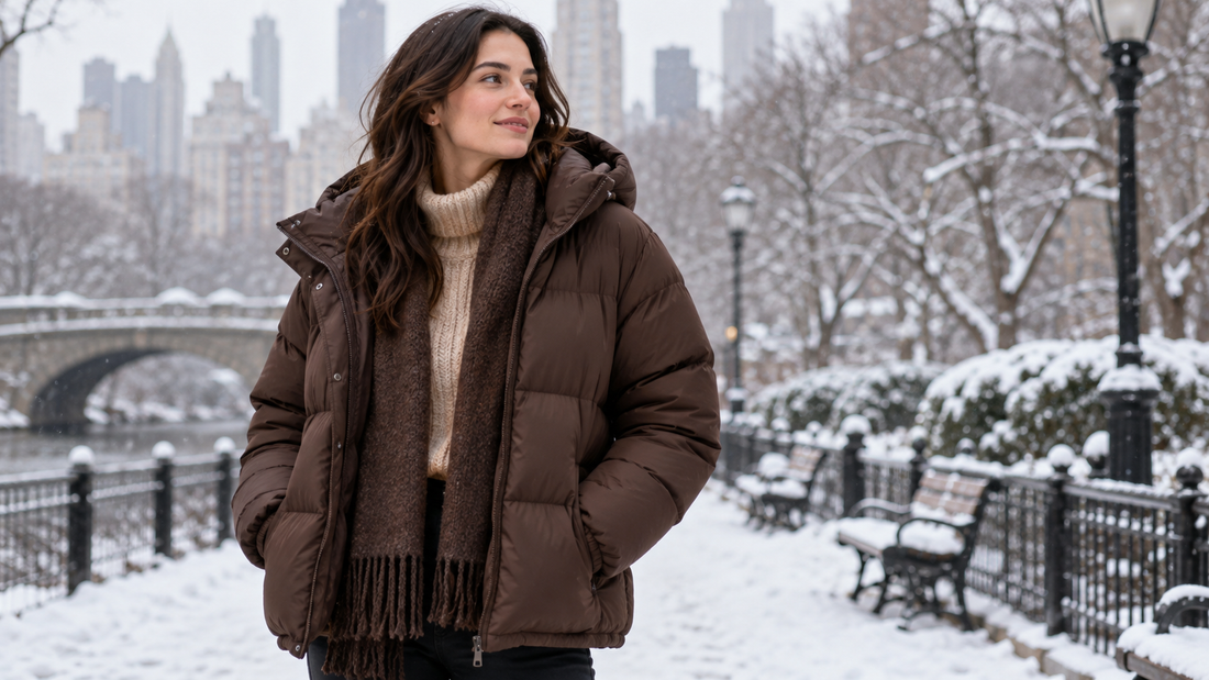 Woman wearing a chocolate brown puffer jacket in a snowy city park