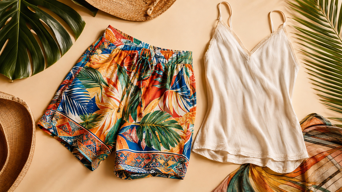 Colourful Brazilian inspired cotton shorts camisole and tropical leaves