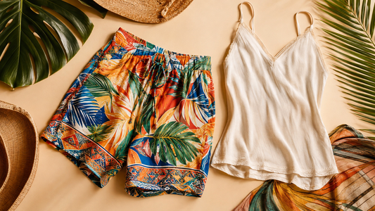 Colourful Brazilian inspired cotton shorts camisole and tropical leaves