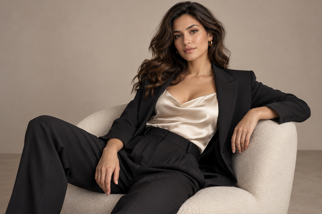 Adult woman wearing a cream satin camisole under a black tailored blazer