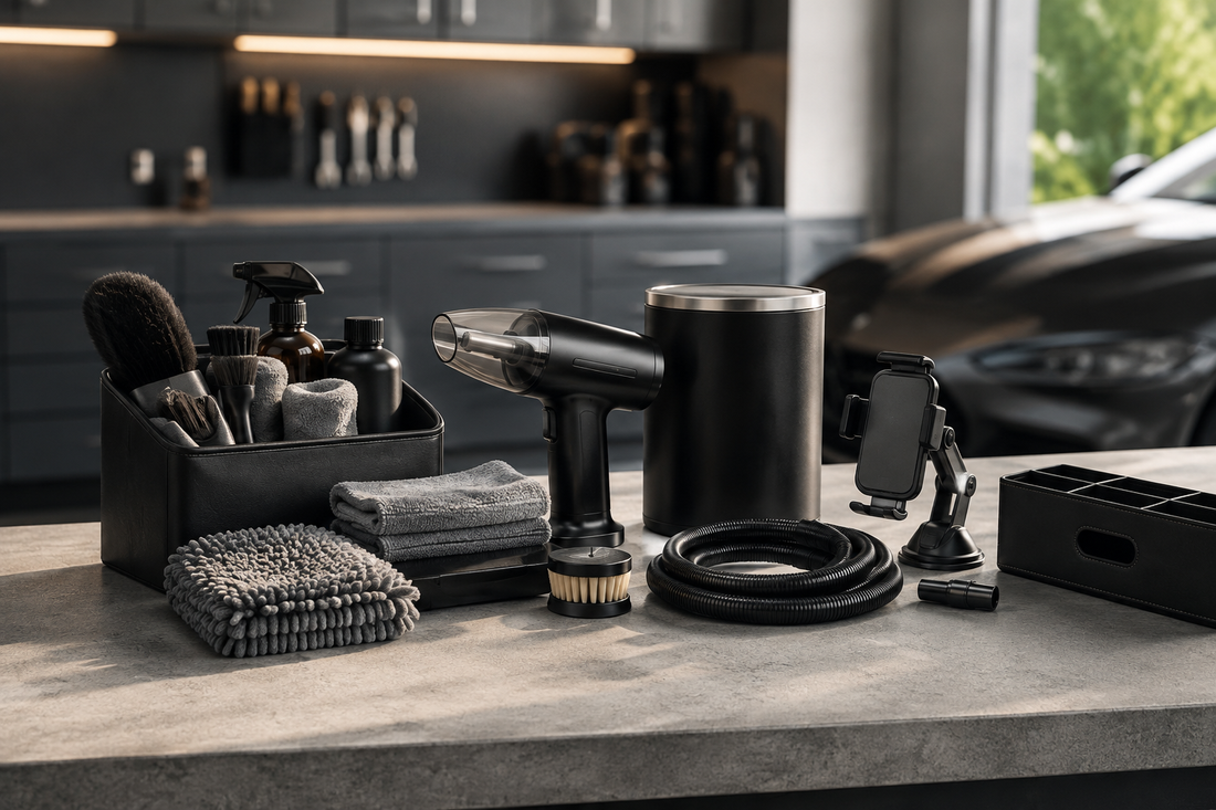 Curated modern car accessories on a clean garage workbench