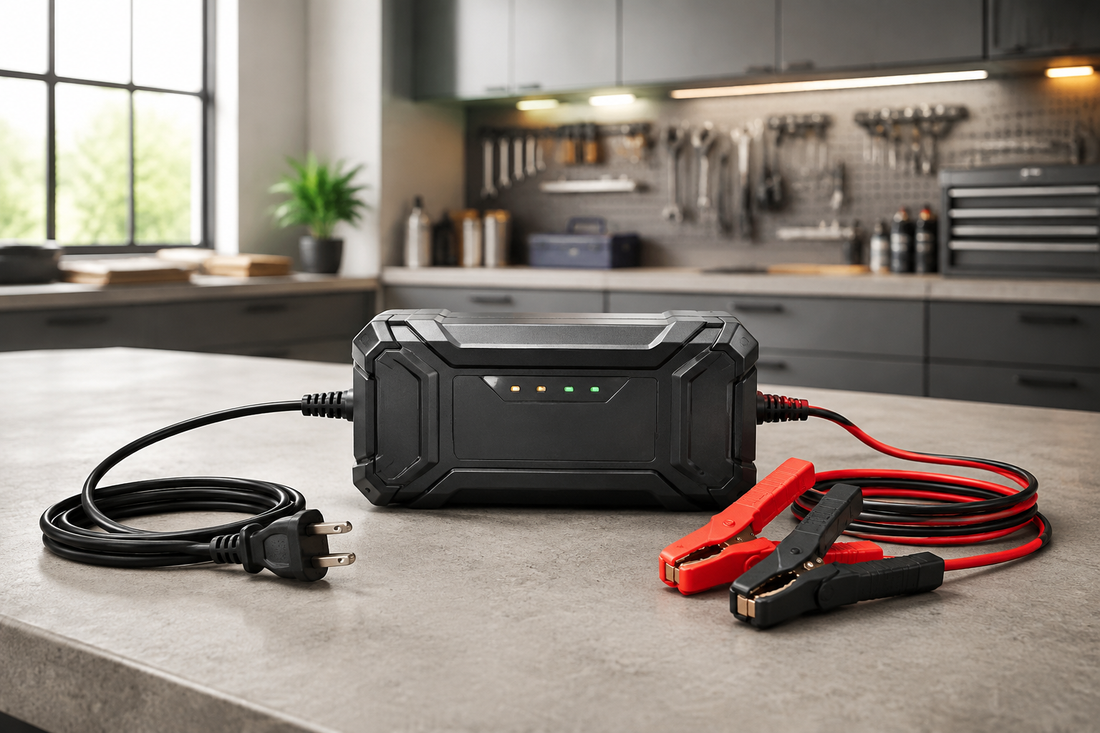 Modern compact car battery charger on a clean garage workbench