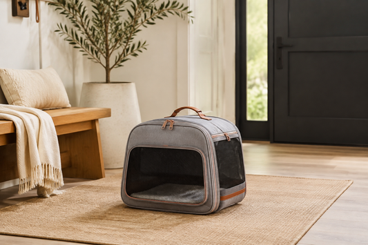 Modern secure cat carrier in a calm stylish home entryway