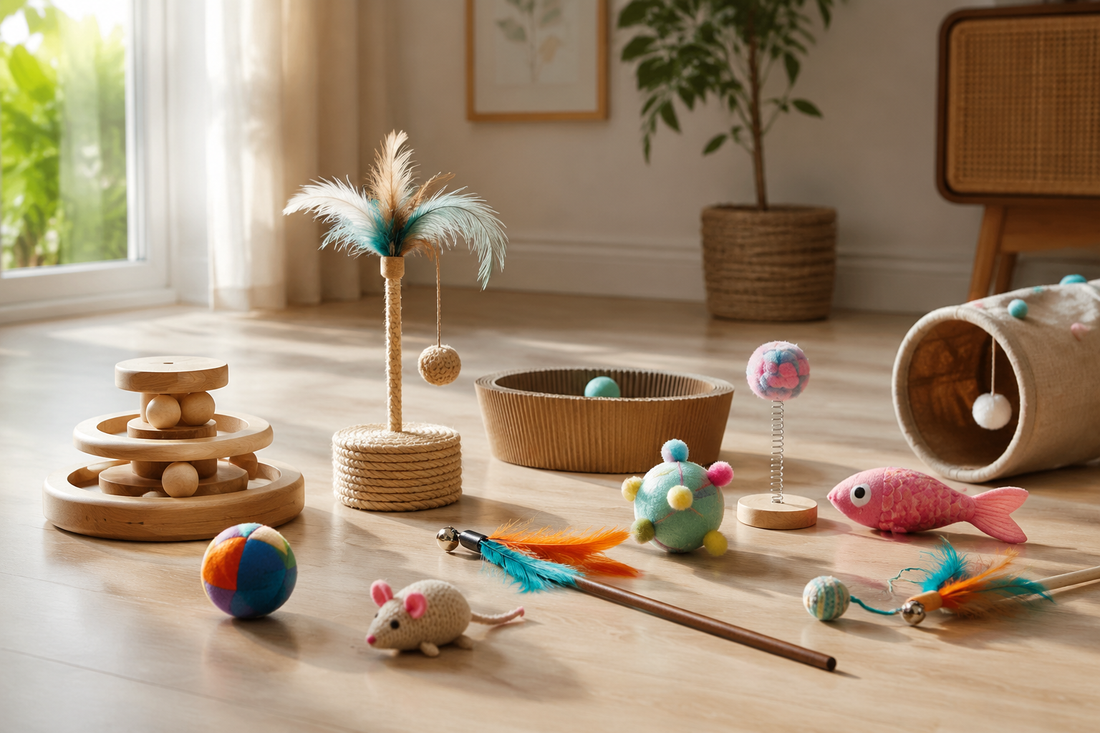 Colorful cat toys arranged on a light wood floor