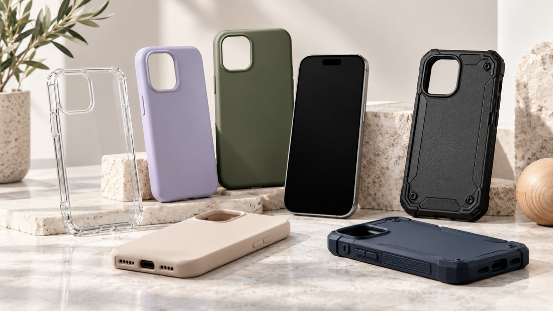 Collection of modern unbranded cell phone cases on a clean studio surface