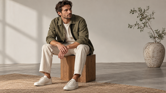 Adult man wearing an affordable unbranded capsule wardrobe of clean neutral basics