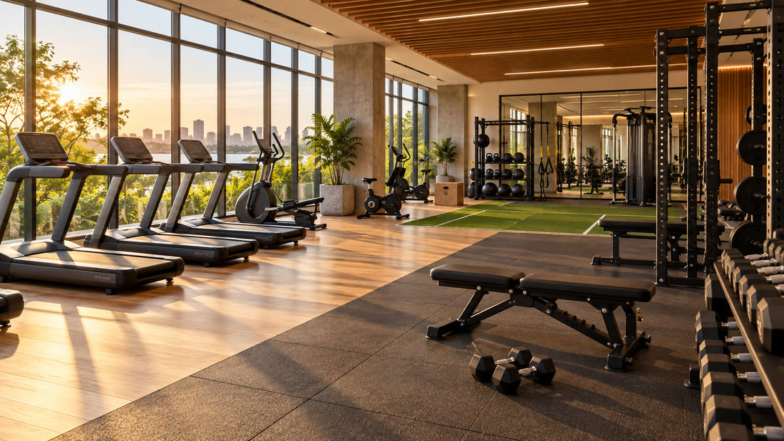 Bright modern gym with cardio and strength training equipment