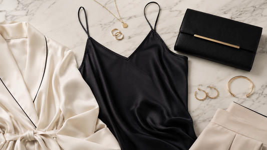 Black silk camisole cream robe clutch and gold jewelry on pale marble