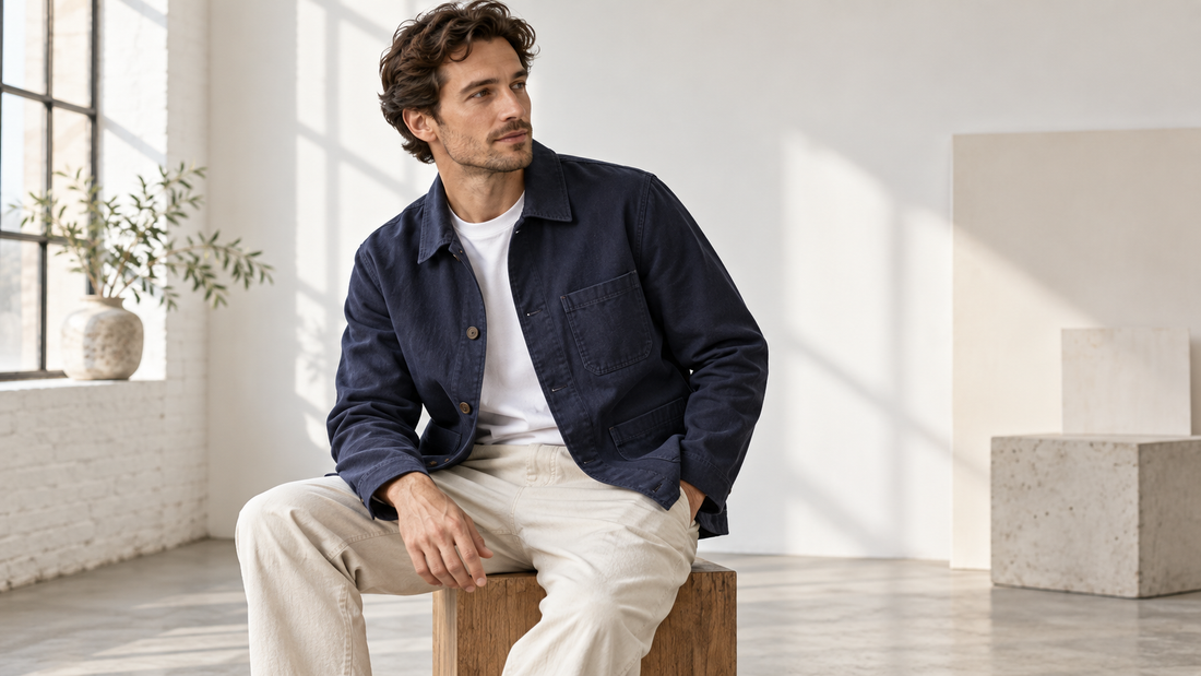 Navy cotton chore jacket with patch pockets styled in a bright minimalist studio