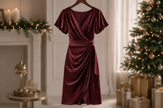 Elegant Christmas party dress in a warm festive editorial studio