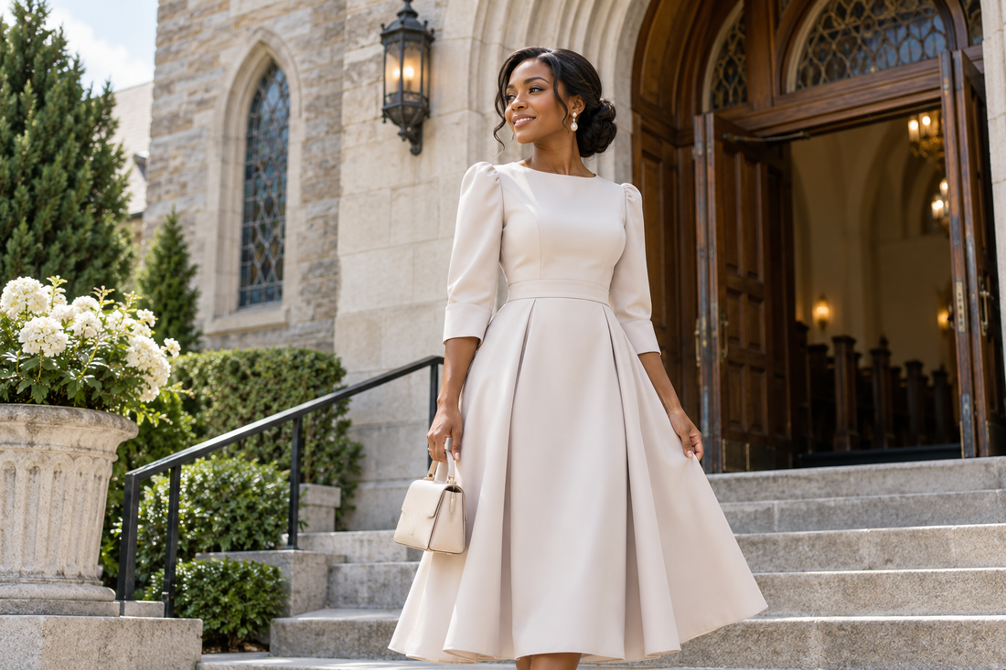 Adult woman wearing a modest cream church dress outside a stone building