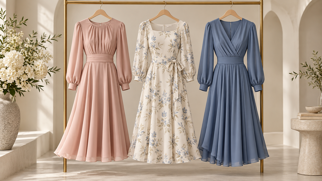 Three elegant modest midi dresses with sleeves in a refined studio