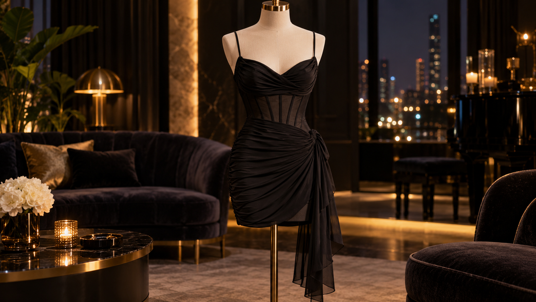 Elegant black club dress displayed in a sophisticated evening setting