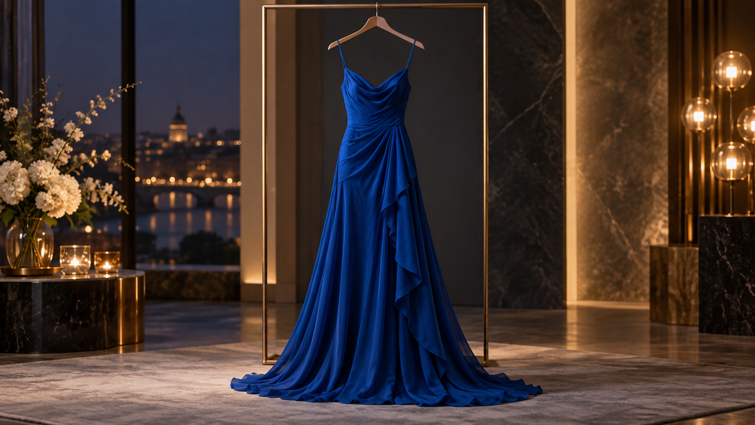 Cobalt blue evening dress displayed in an elegant interior