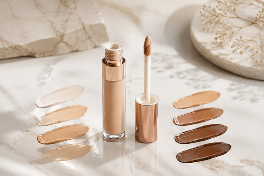 Premium concealer with neutral swatches on a clean studio surface