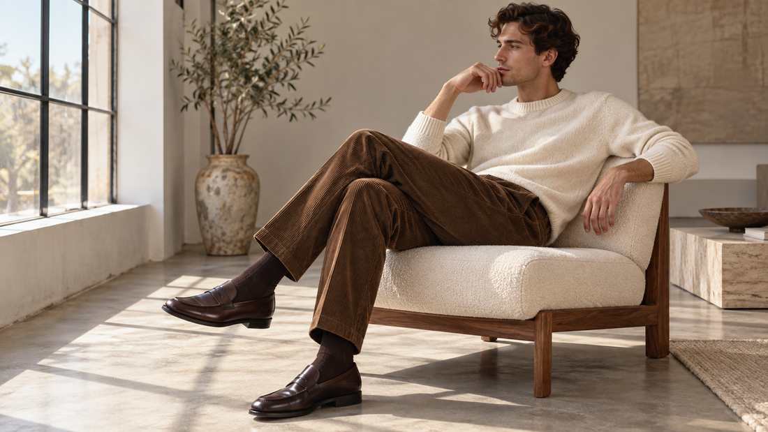 Tailored brown corduroy trousers styled with a cream knit in a minimalist studio
