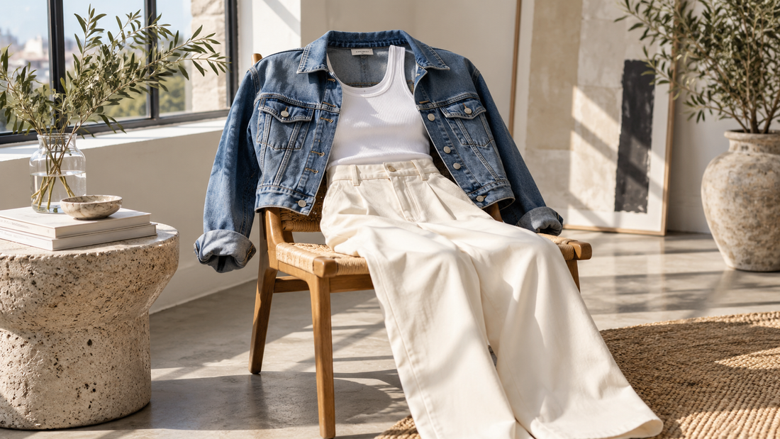 Cropped blue denim jacket styled with a white top and cream trousers