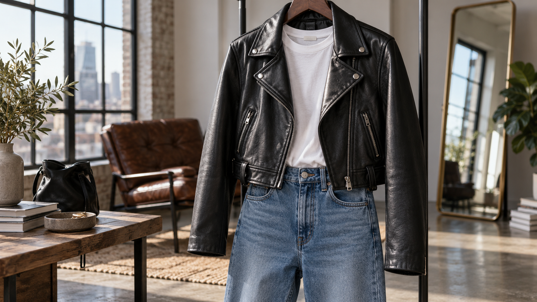 Cropped black leather jacket styled with a white T-shirt and denim