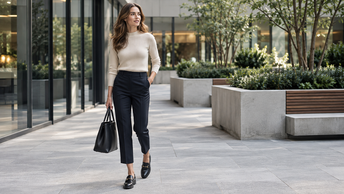 Woman wearing tailored cropped trousers with loafers in a modern office courtyard