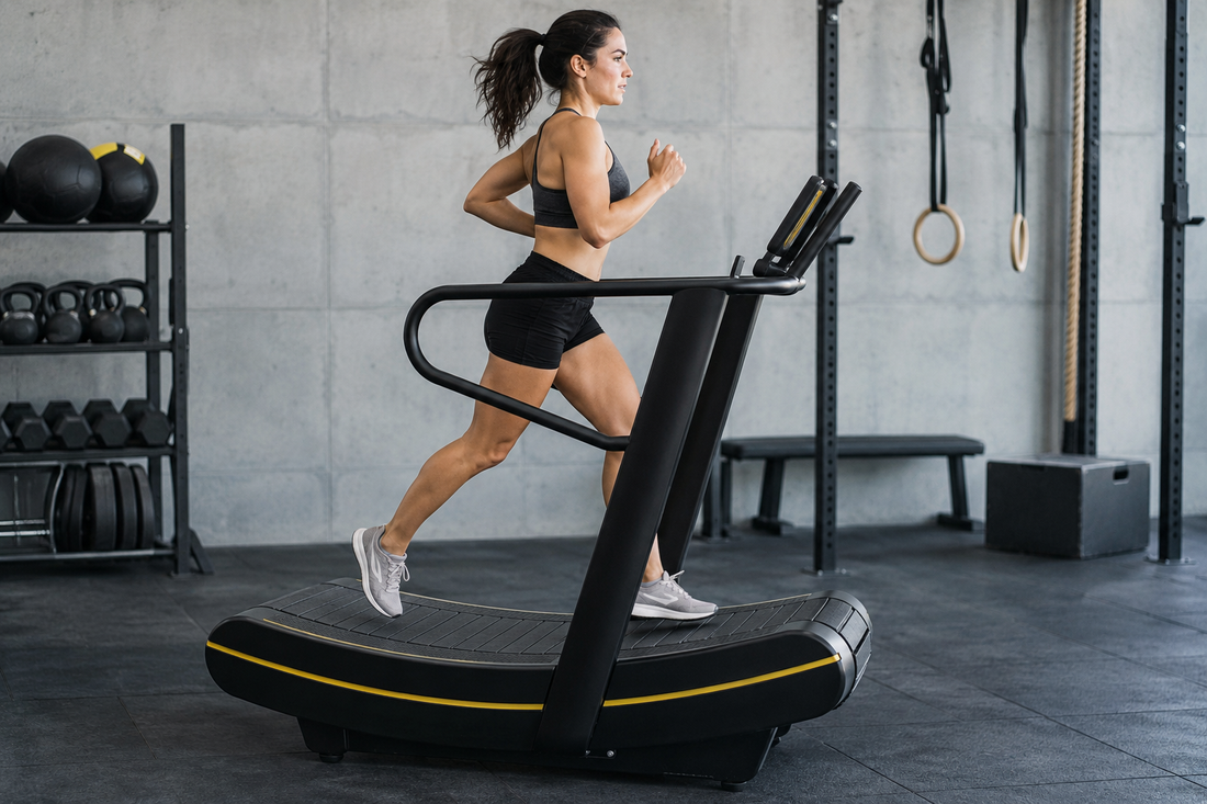 Athlete running on a non-motorized curved treadmill in a training studio