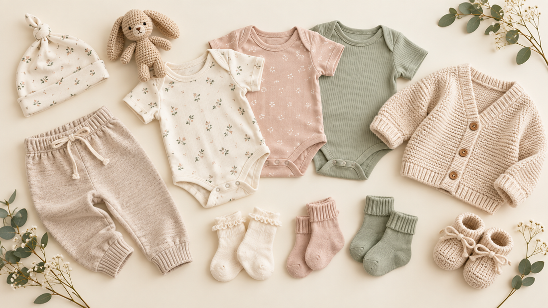 Pastel baby clothes arranged in a soft neutral flat lay