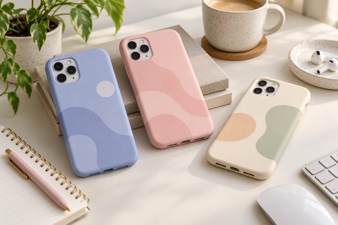 Three pastel phone cases with abstract shapes arranged on a clean desk