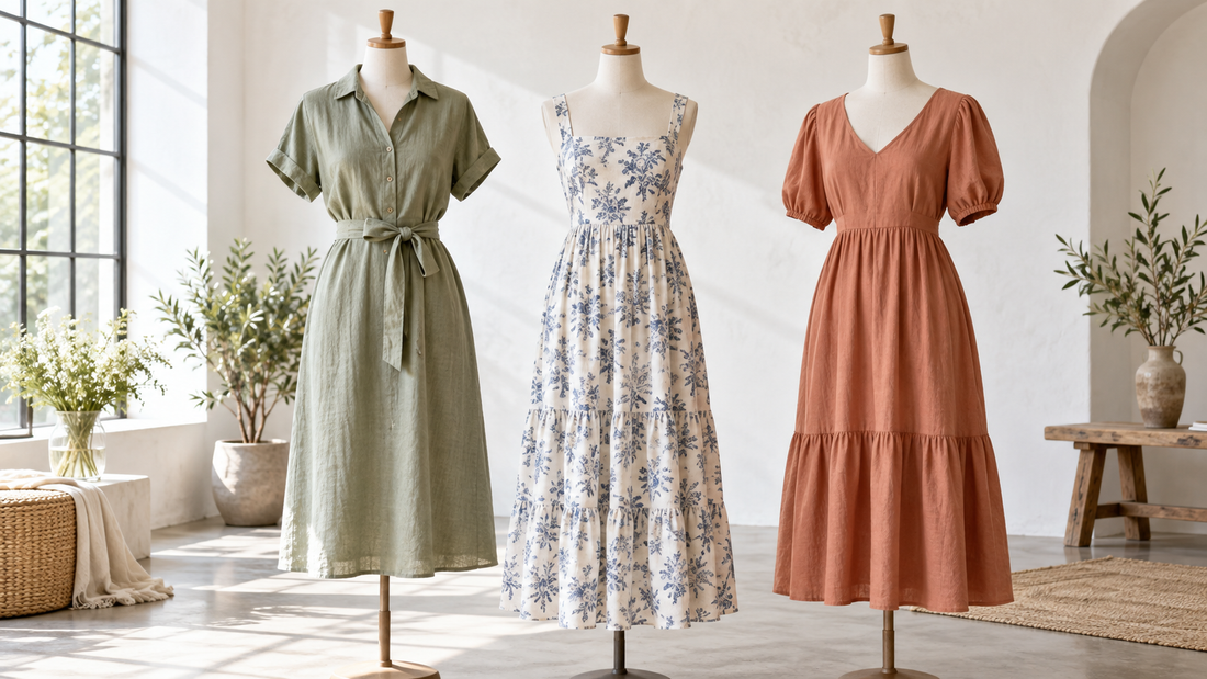 Three practical day dresses displayed on mannequins in a sunlit studio