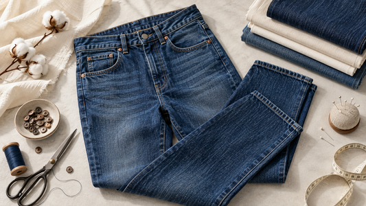 Blue denim jeans arranged on a light surface with tailoring details
