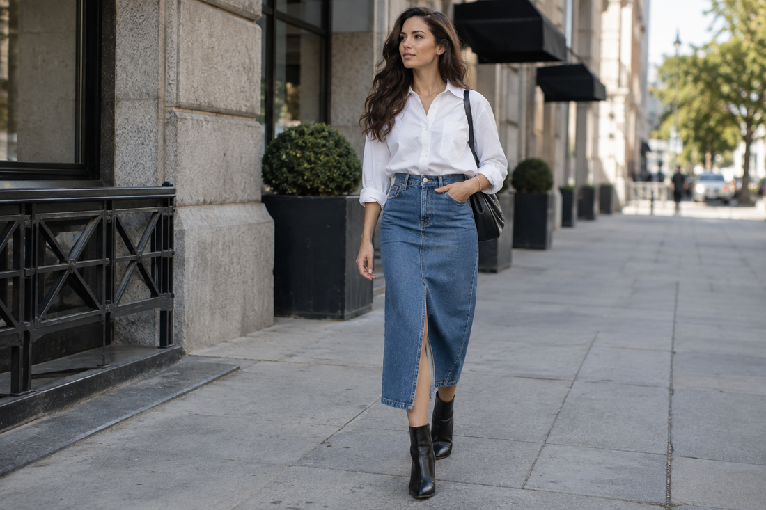 Woman wearing a blue denim midi skirt with a white shirt and ankle boots