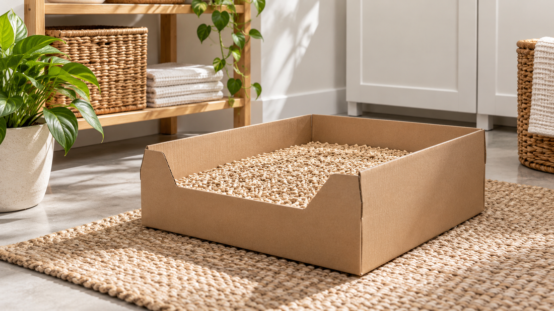 Disposable cardboard litter box with natural litter in a clean room