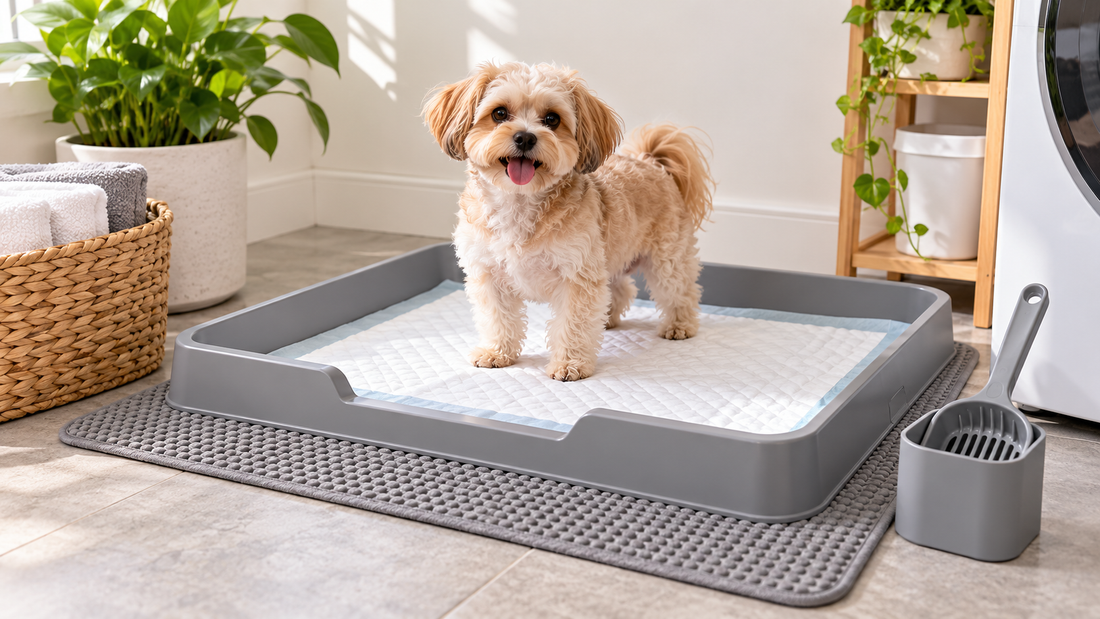 Small dog using a clean indoor litter box and washable potty tray