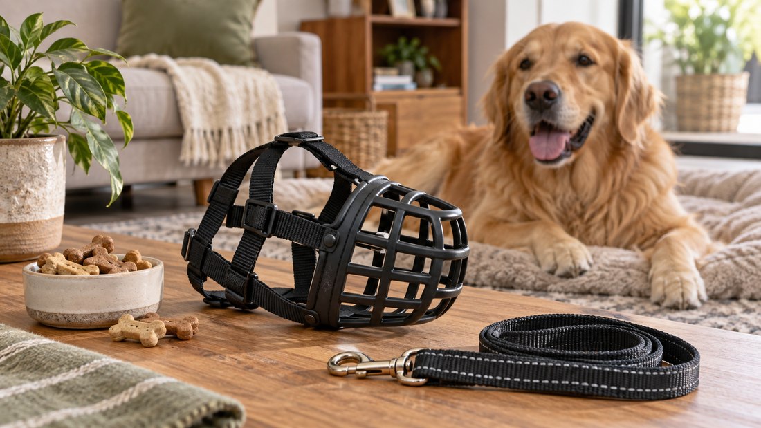 Basket-style dog muzzle and leash displayed near a relaxed dog