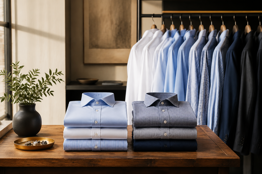 Premium dress shirts in a refined menswear studio