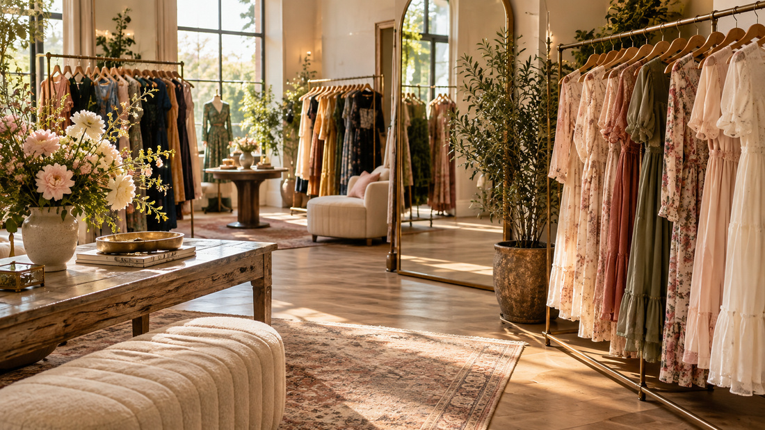 Elegant independent dress shop with curated clothing racks