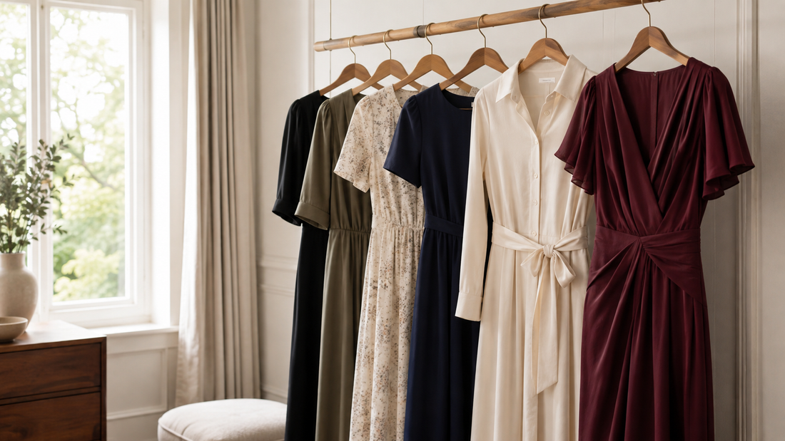 Curated collection of versatile dresses on wooden hangers in a softly lit wardrobe