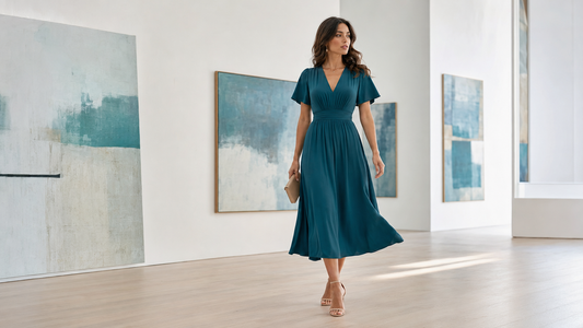Woman wearing a versatile teal midi dress in a bright gallery