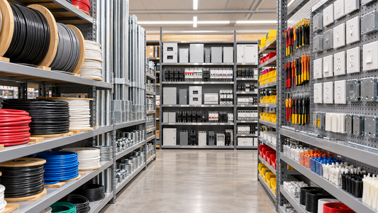 Organized electrical supply store aisle with cables conduit switches and breakers
