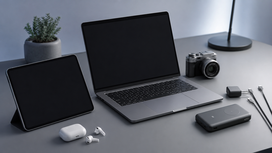 Modern consumer electronics arranged on a minimalist desk