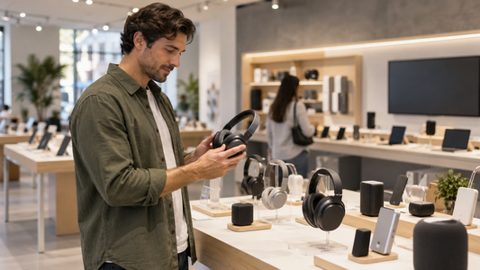 Shopper examining unbranded headphones in a modern electronics store