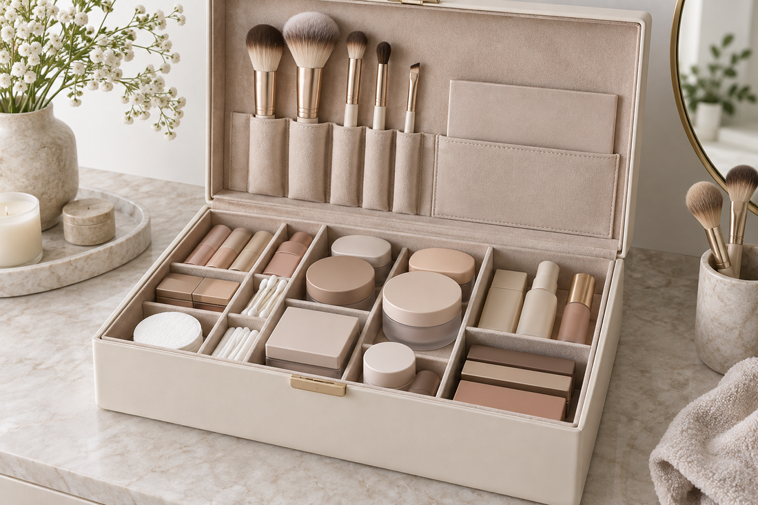 Editorial view illustrating makeup box in a clean, realistic setting with no text or branding