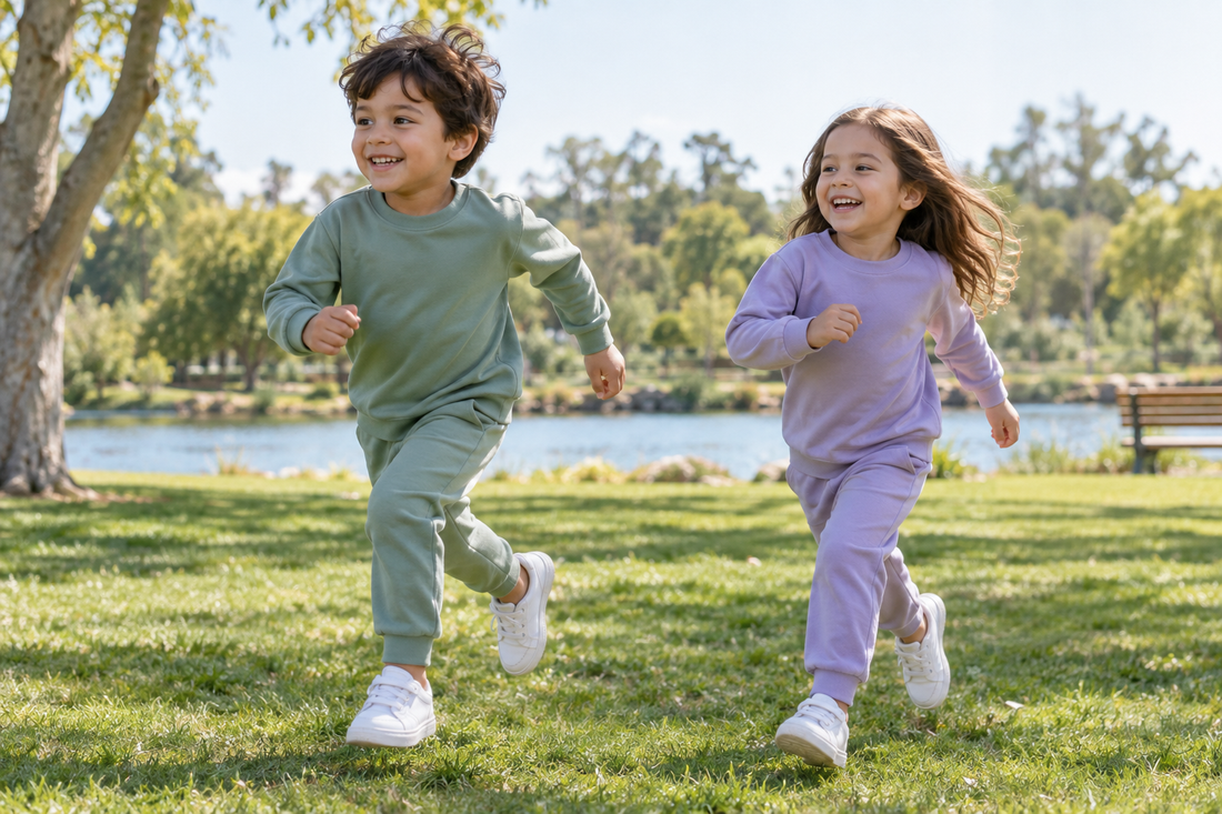 Editorial view illustrating kids tracksuits in a clean, realistic setting with no text or branding