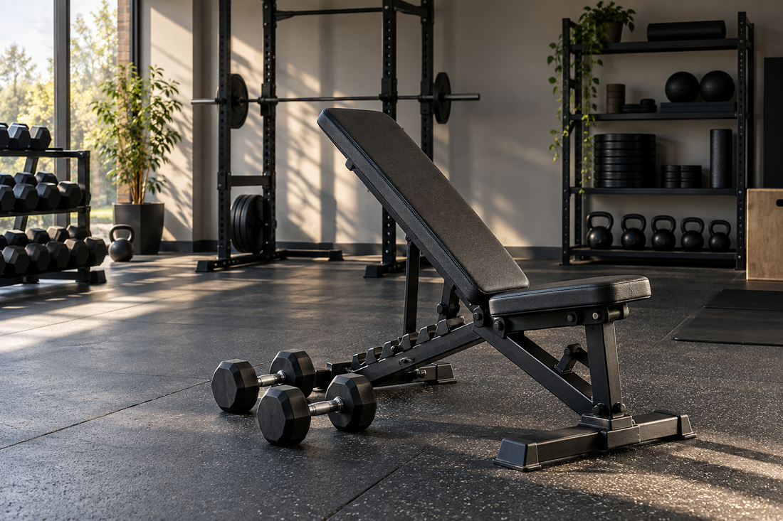 Editorial view illustrating adjustable bench in a clean, realistic setting with no text or branding