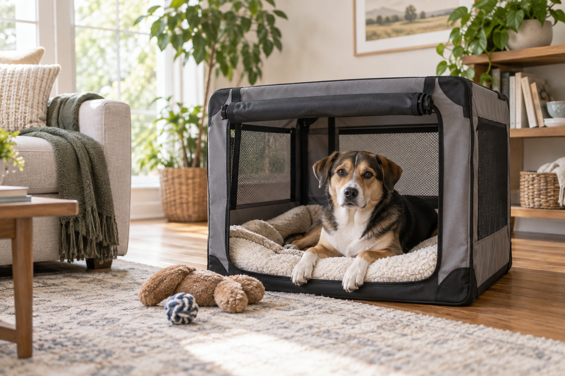 Editorial view illustrating collapsible dog crate in a clean, realistic setting with no text or branding