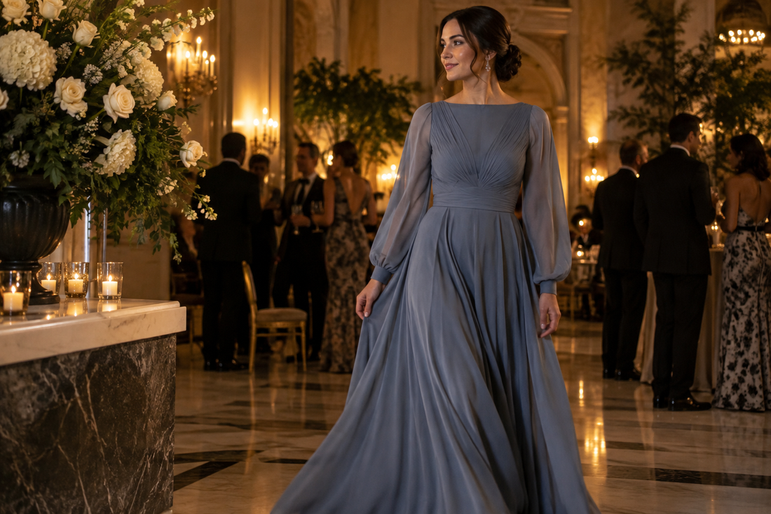 Editorial view illustrating long sleeve formal dresses in a clean, realistic setting with no text or branding
