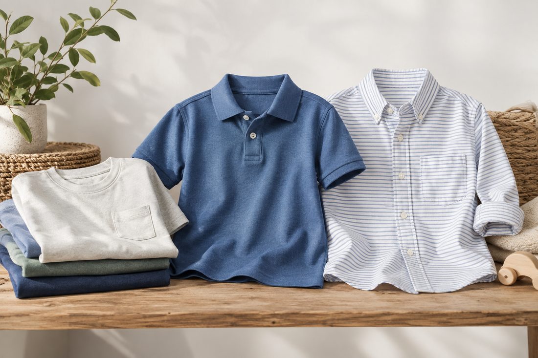 Editorial arrangement of boys shirts in a clean realistic setting with no text or branding