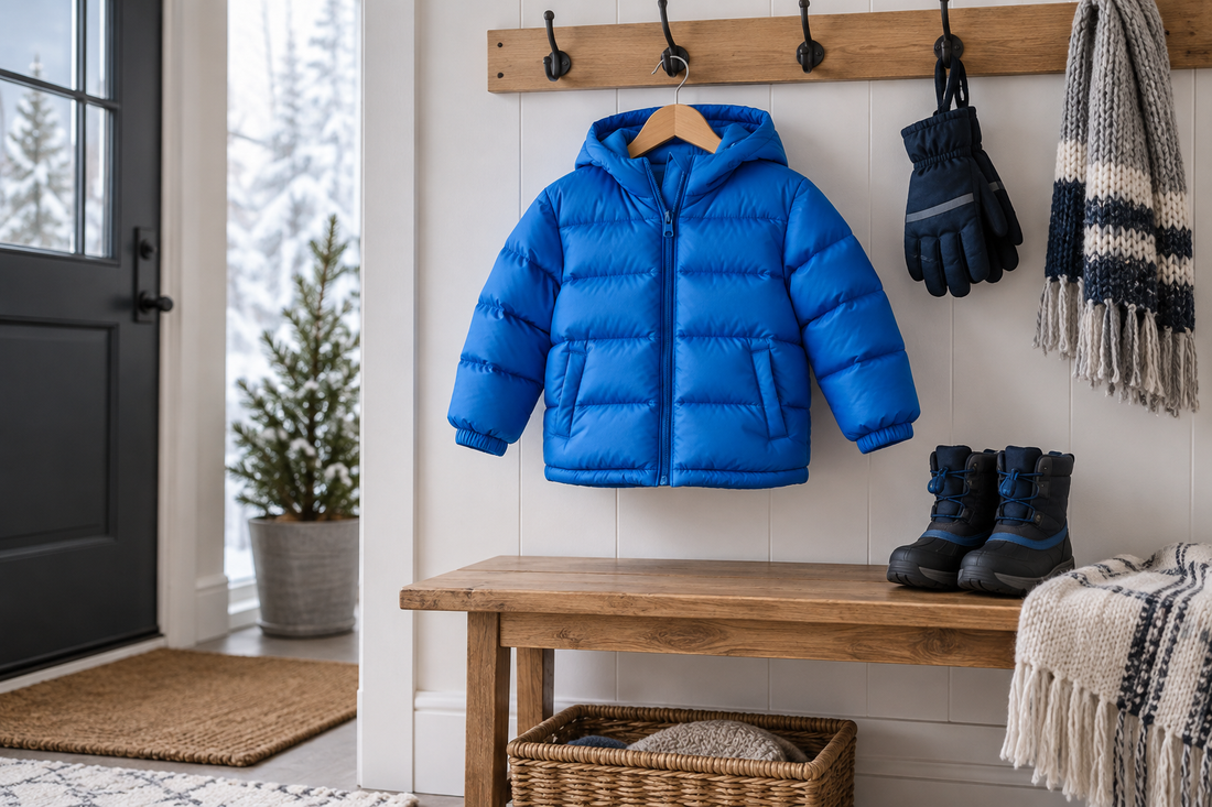 Blue kids puffer jacket in a bright winter entryway with no text or branding