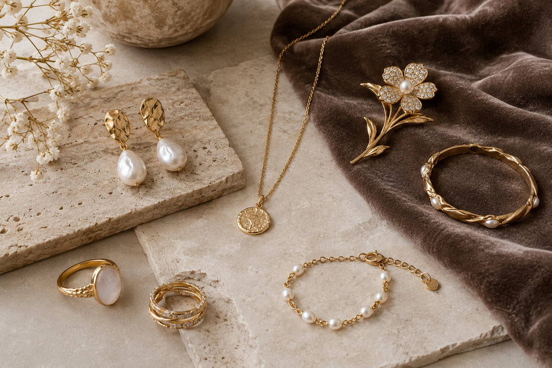 Fashion jewelry arranged on stone and velvet with no text or branding